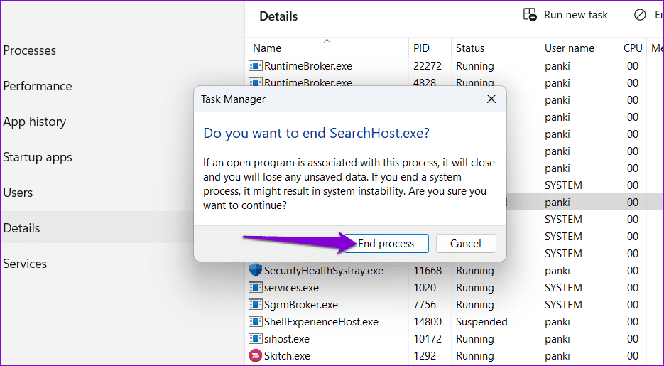 End SearchHost Process Windows