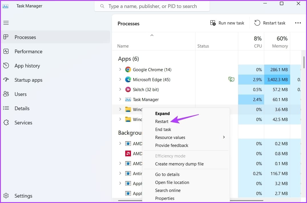 End Task option in the Task Manager