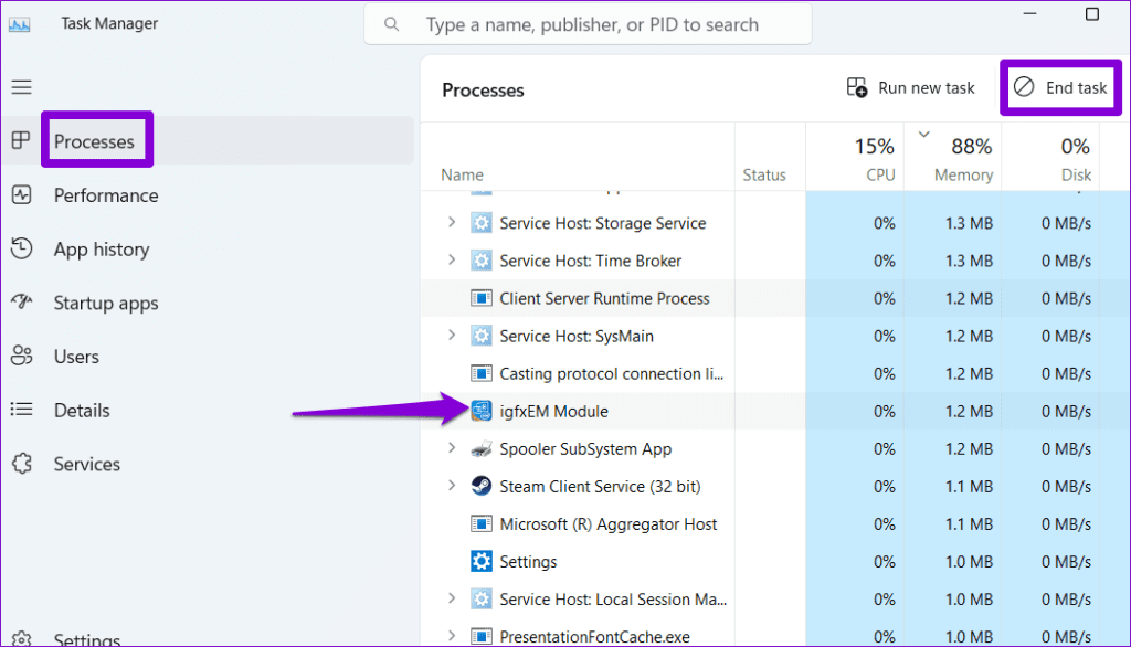 End the igfxEM Module Process