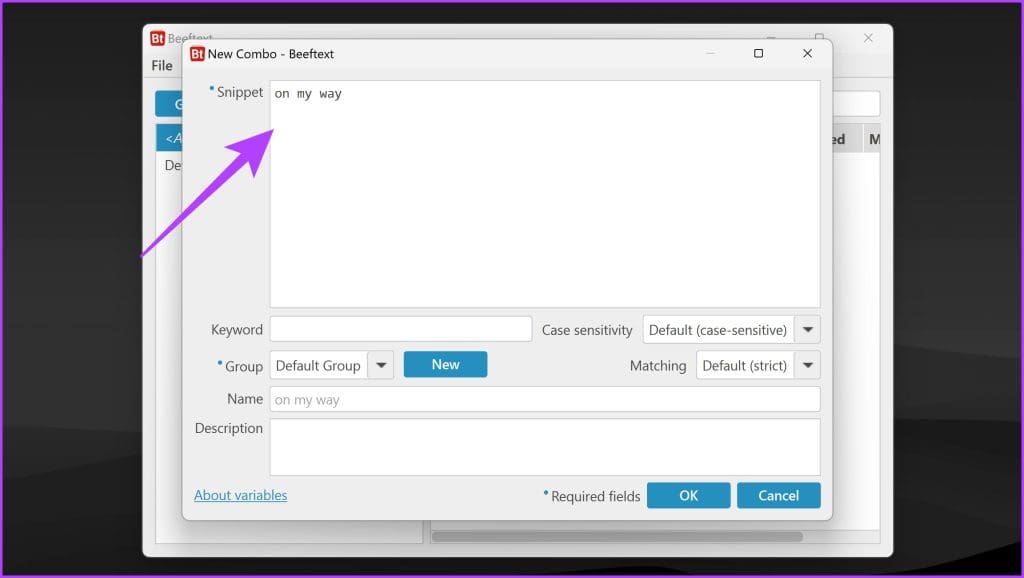 Enter the full text keyphrase youd like to create a shortcut for in the Snippet window Get Text Replacement on Windows