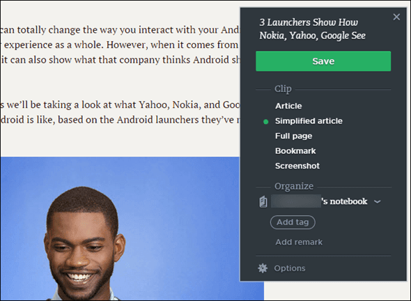 Evernote Web Clipper Save Options
