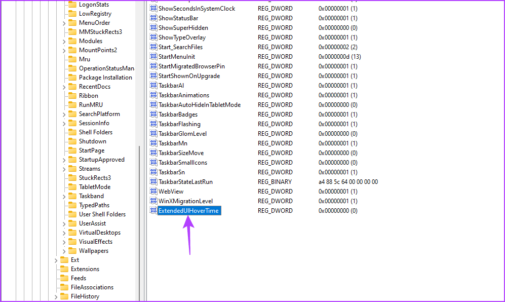 ExtendedUIHoverTime value in the Registry Editor