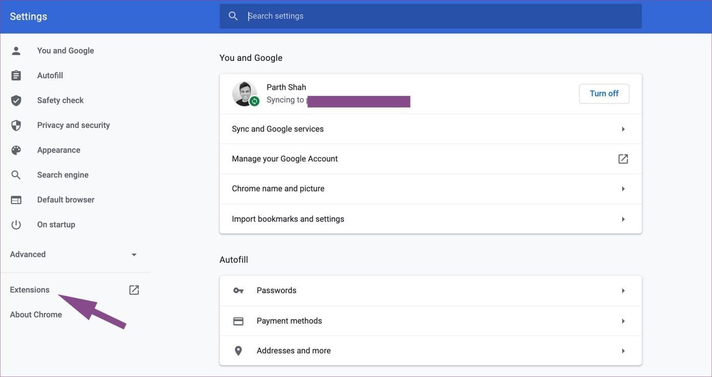 Extensions menu