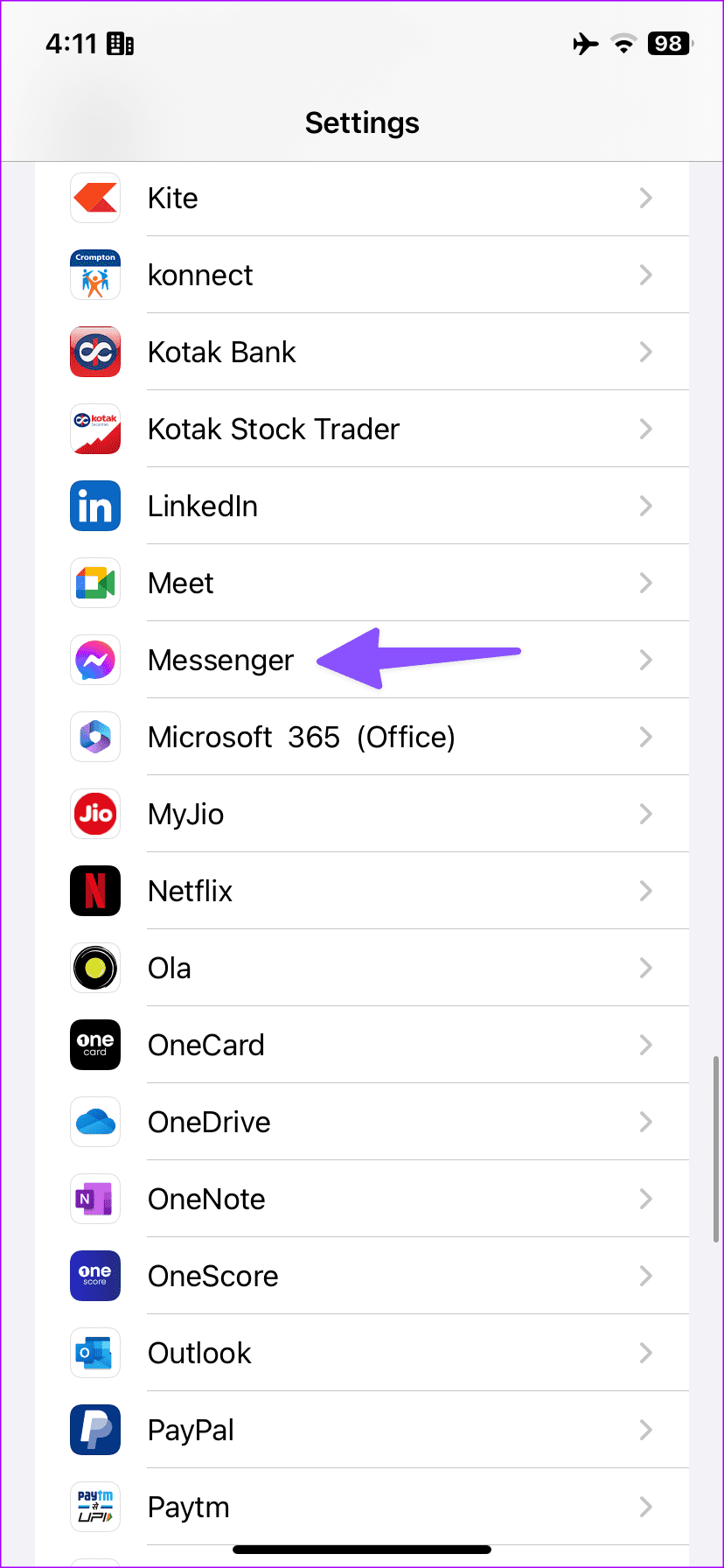 select messenger in iPhone settings