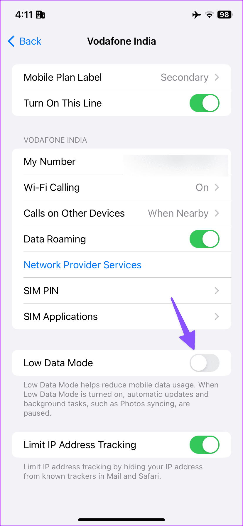 disable the low data mode on iPhone
