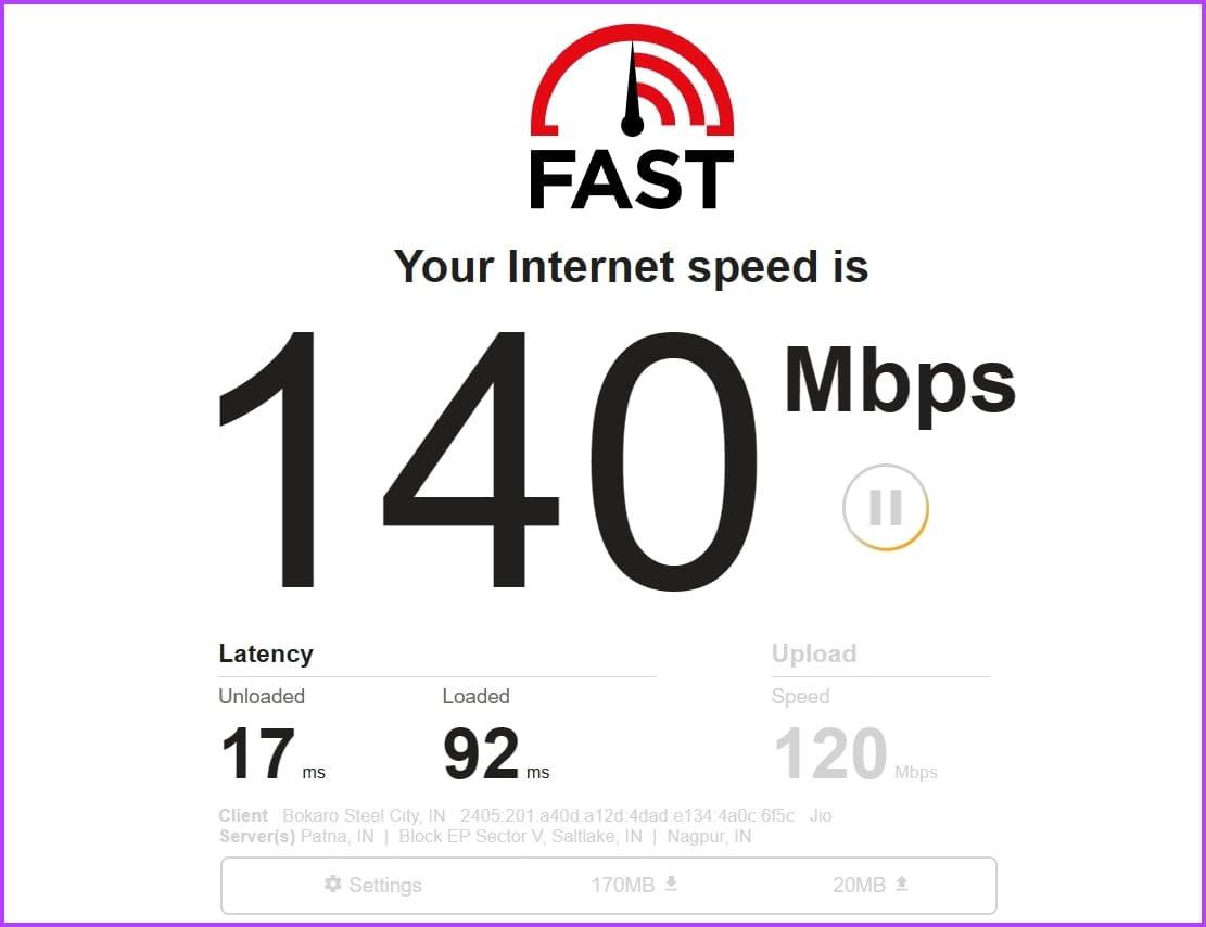 Speed test using fast.com
