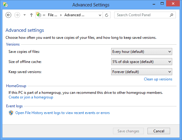 File History Advanced Settings