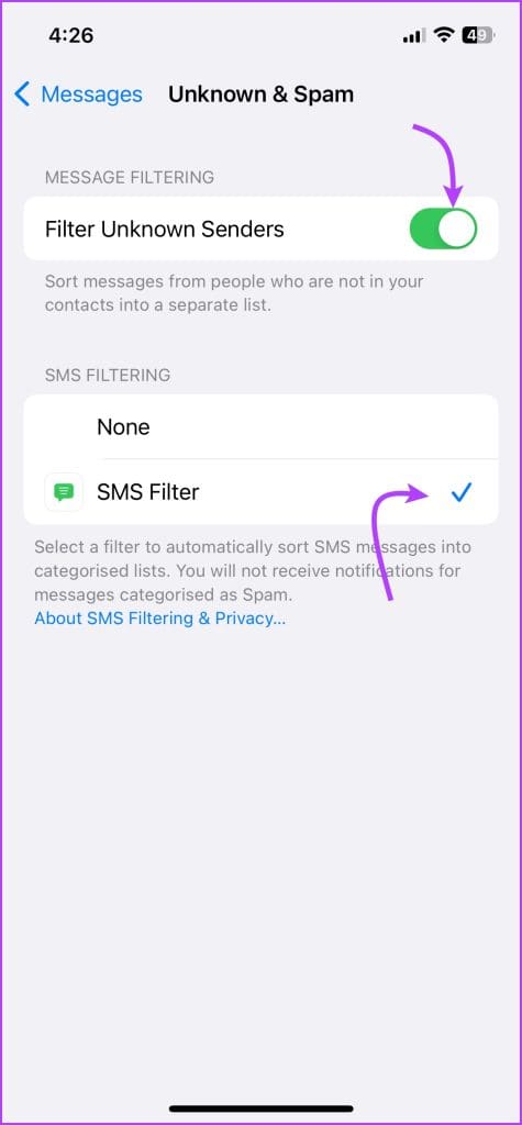 Toggle on Filter Unkown Sender
