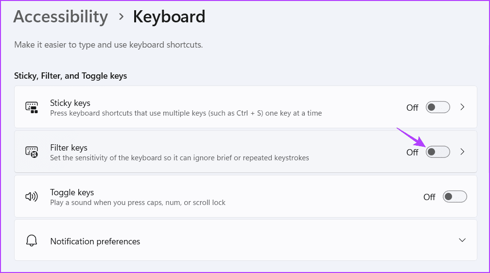Filter keys toggle in Settings