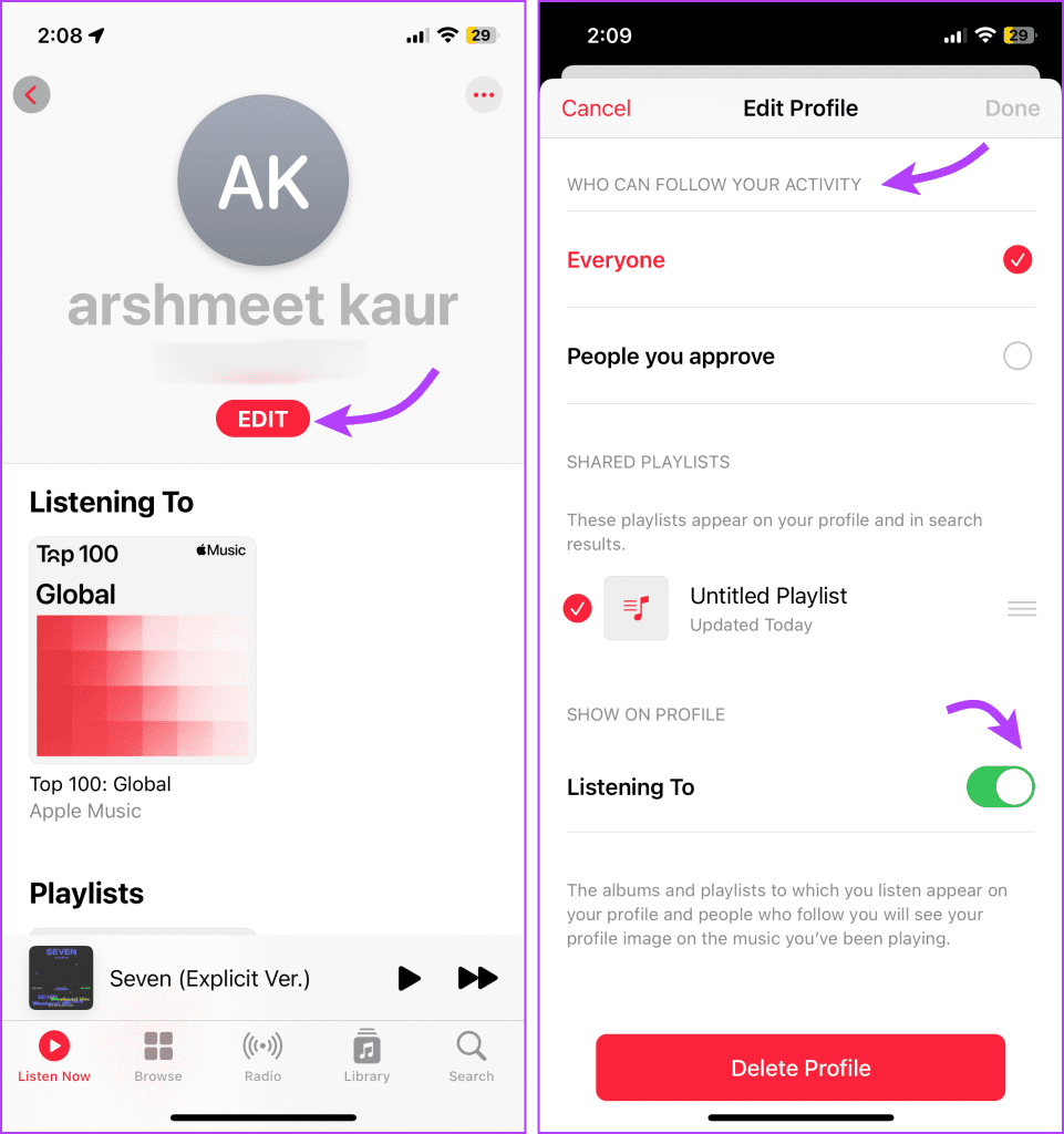 Tap Edit and toggle on Listening to