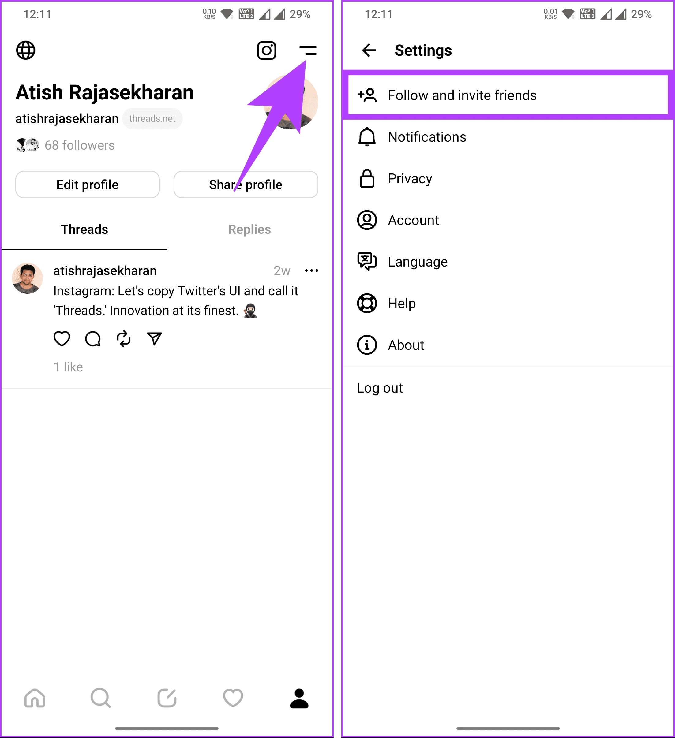 Tap on the Hamburger icon