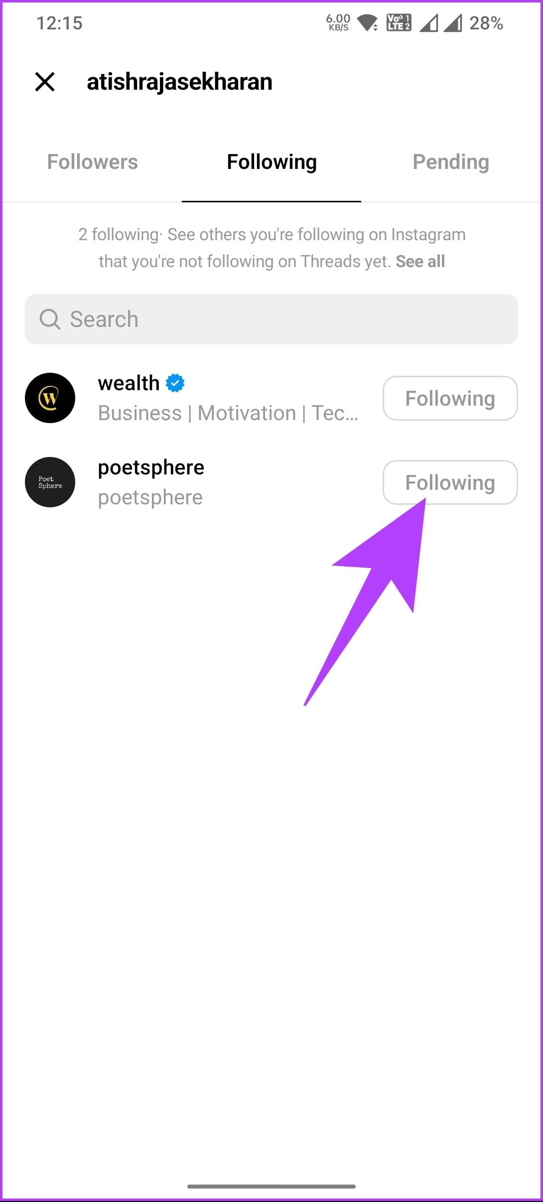 Tap on the Following button