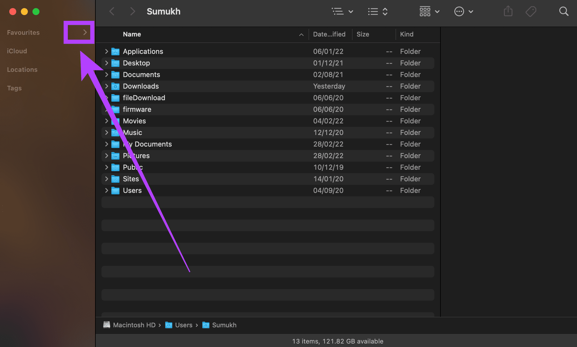 collapse arrow on finder