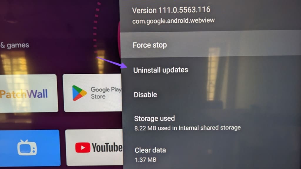 uninstall updates for android webview Android TV
