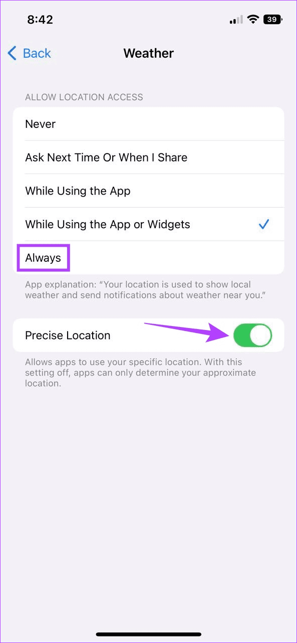 Turn on Location for the Apple Weather app