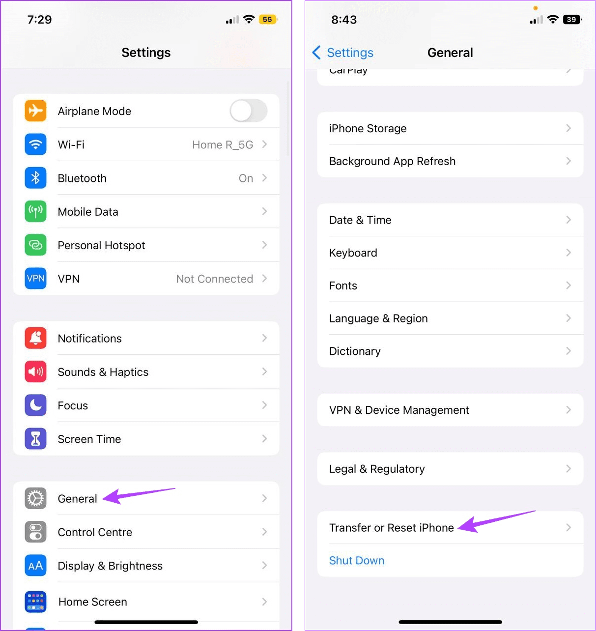 Open Reset options on iPhone