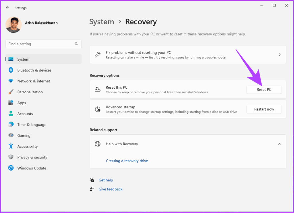 click on the Reset PC button