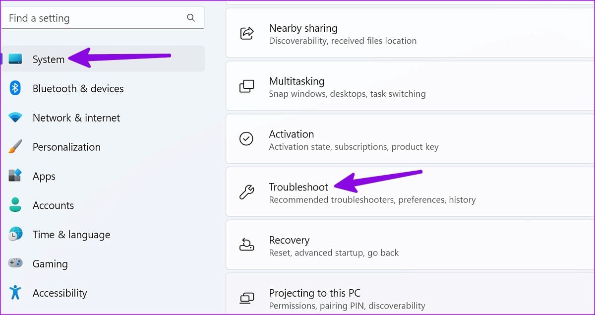 open troubleshoot menu