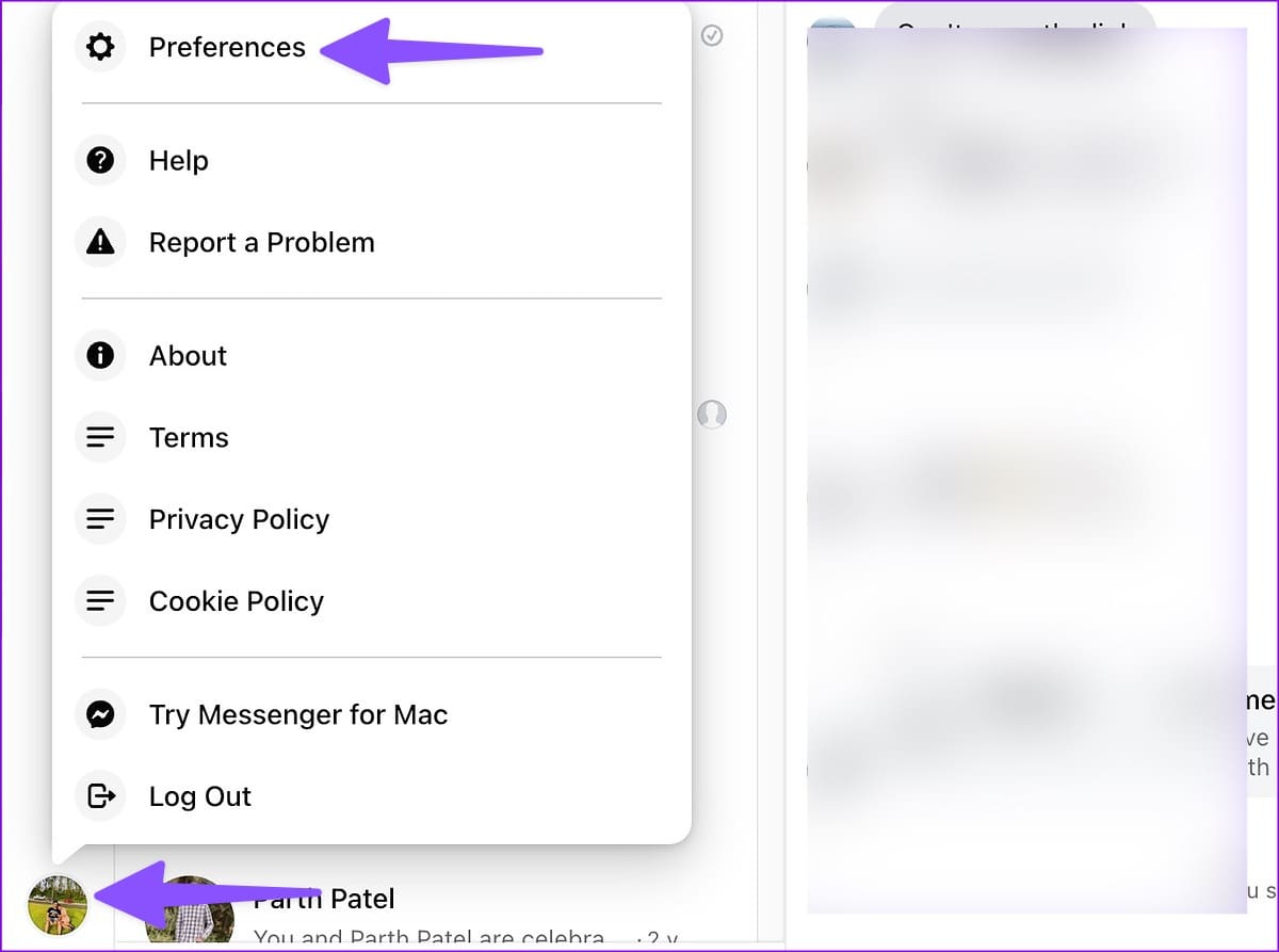 Settings on Facebook Messenger