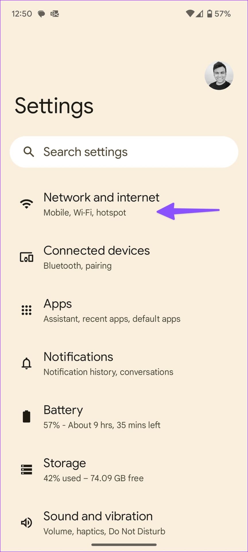 network and settings on Android
