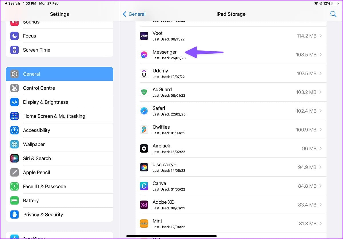 select messenger in ipad storage