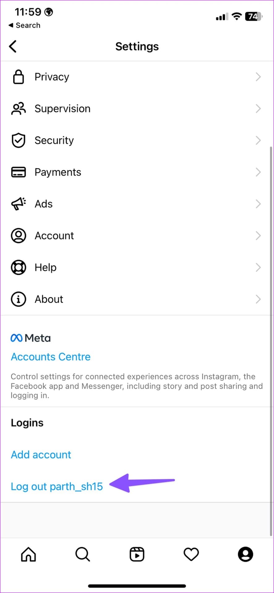 log out on Instagram