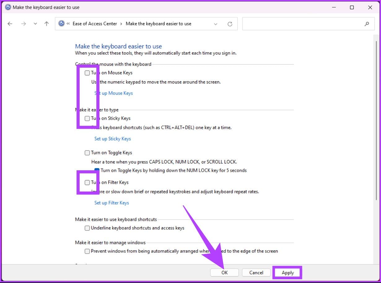 Uncheck ‘Turn on Mouse Keys,’ ‘Turn on Sticky Keys,’ and ‘Turn on Filter Keys.