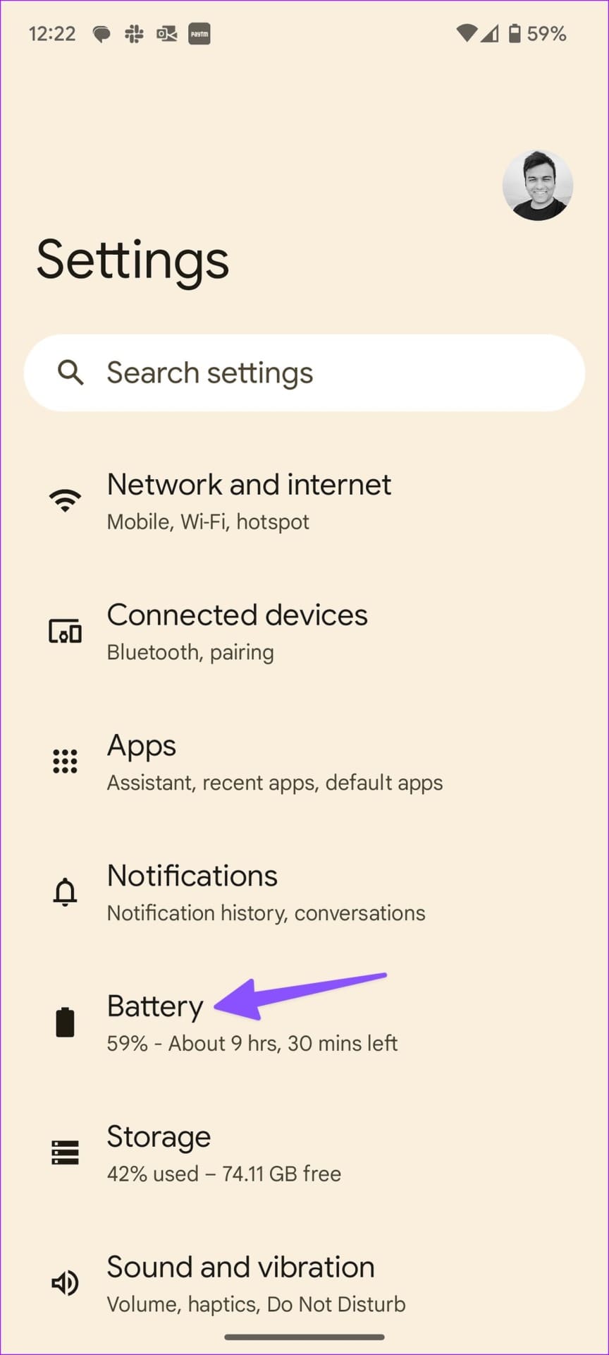 open battery menu on Android