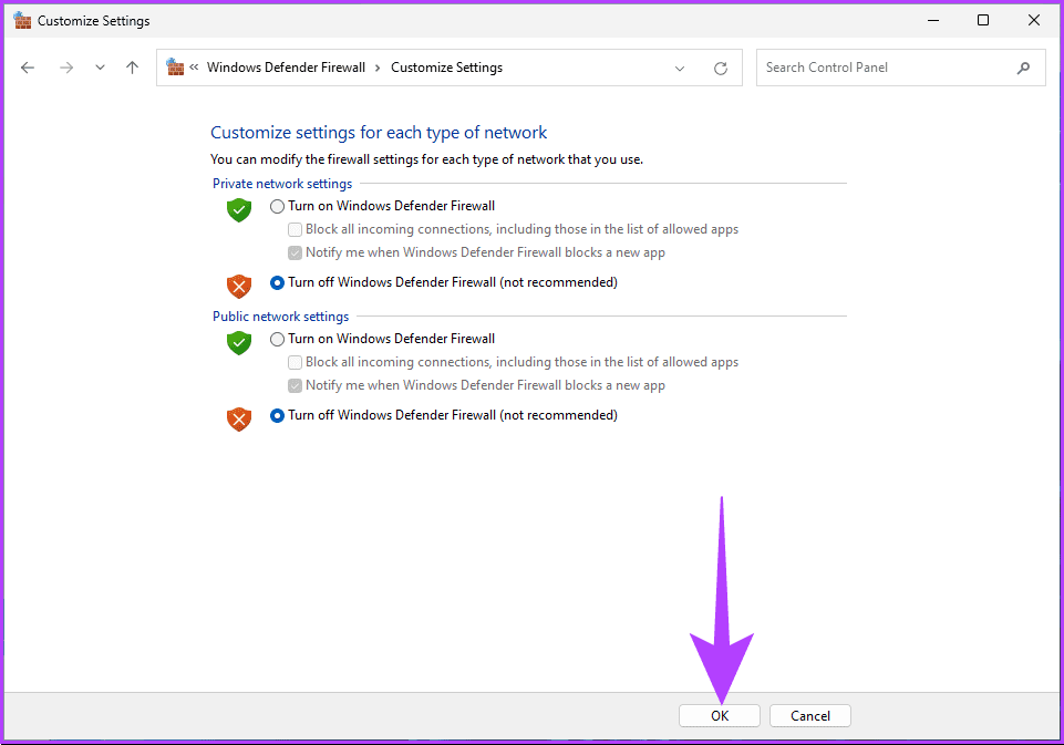 OK to apply the changes