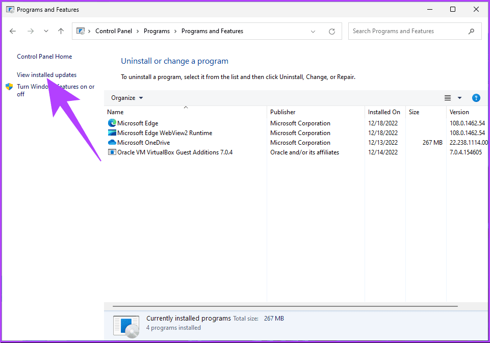 go to ‘View installed updates’