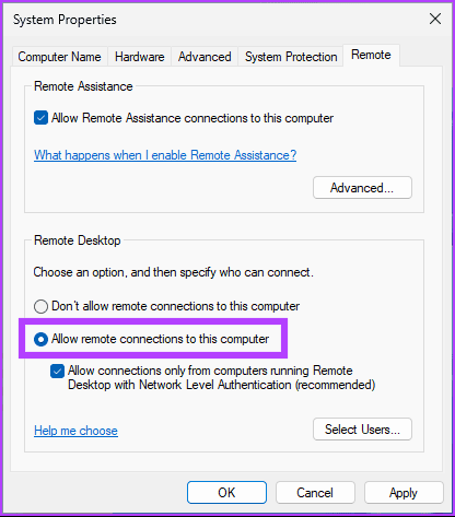 check Allow remote connections to this computer option