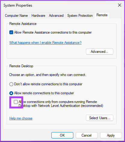 Uncheck the Allow connections only from computers running Remote Desktop with Network Level Authentication (recommended)