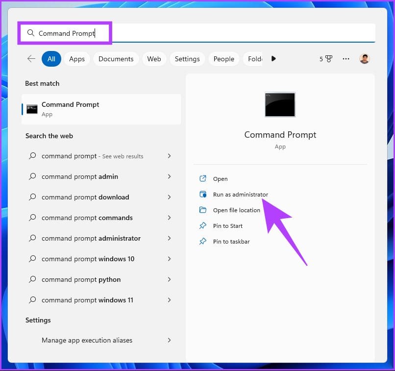 type Command Prompt, and click ‘Run as administrator’