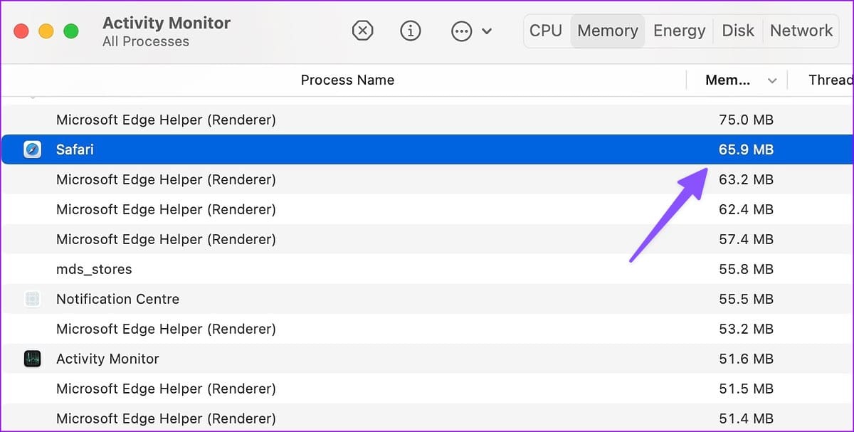 check Safari memory usage