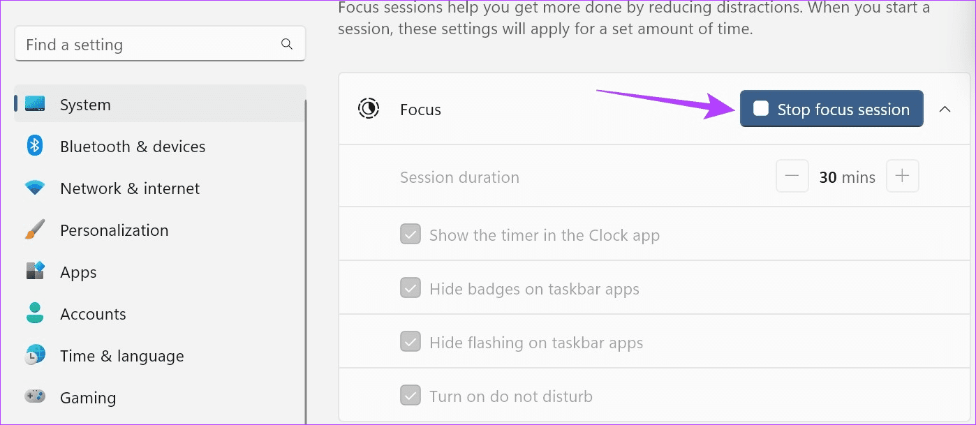 Click on Stop focus session