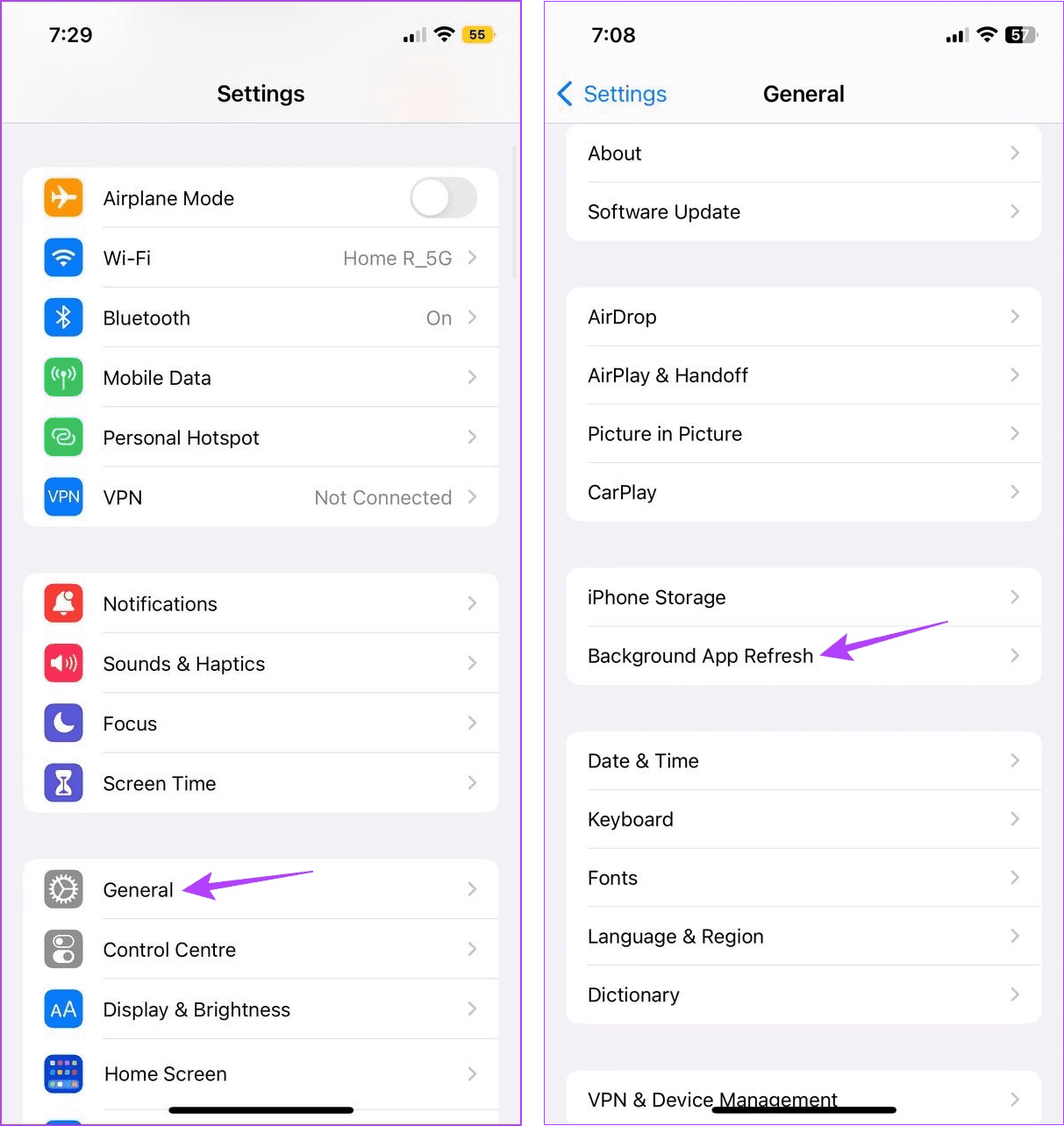 Open Background App Refresh settings