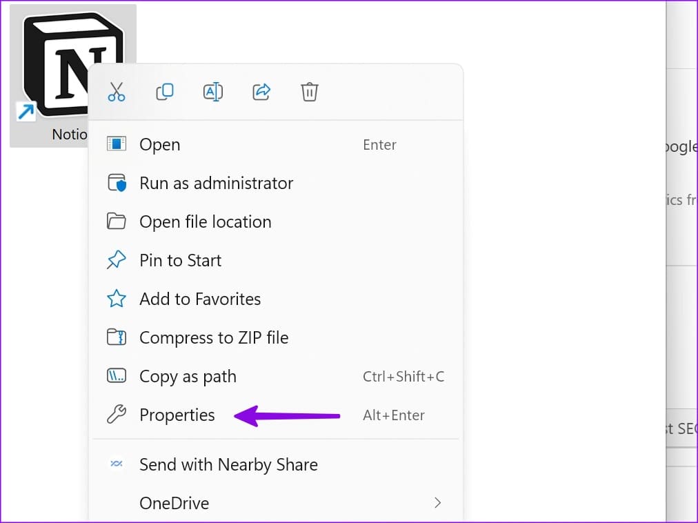 open app properties on Windows