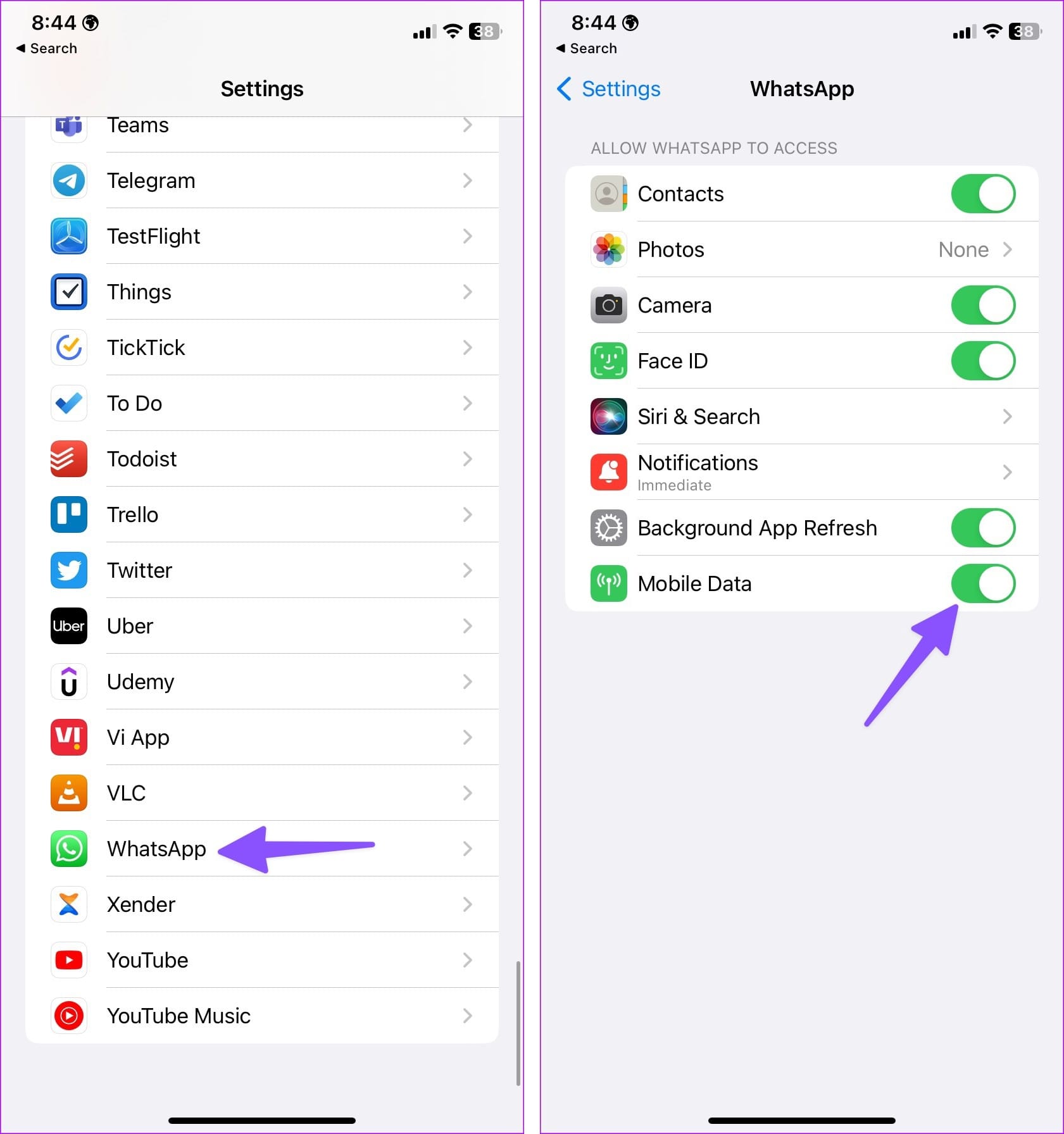 Enable mobile data for whatsapp