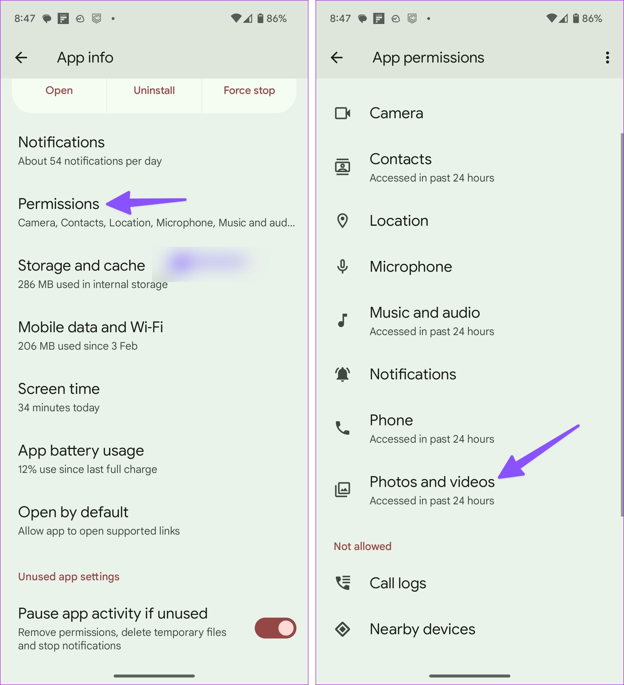 Enable photos and videos permission for whatsapp