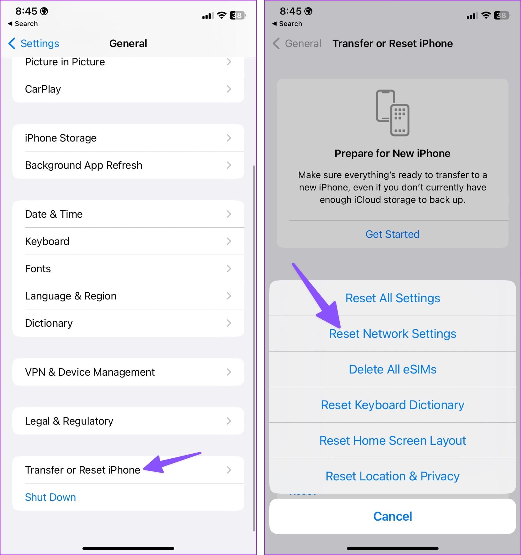 Reset network settings on iPhone