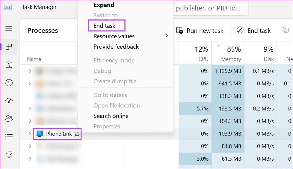 Right click on Phone Link & click on End Task