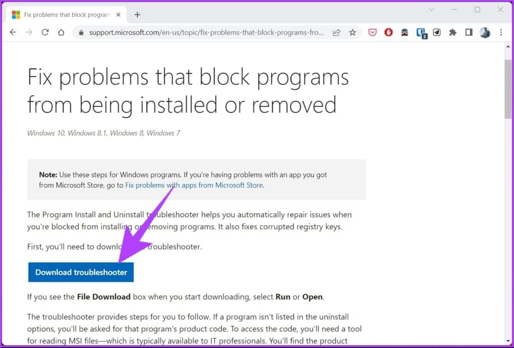 Go to Program Install and Uninstall troubleshooter download page