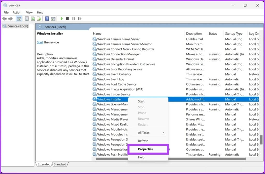 Right-click on the Windows Installer service