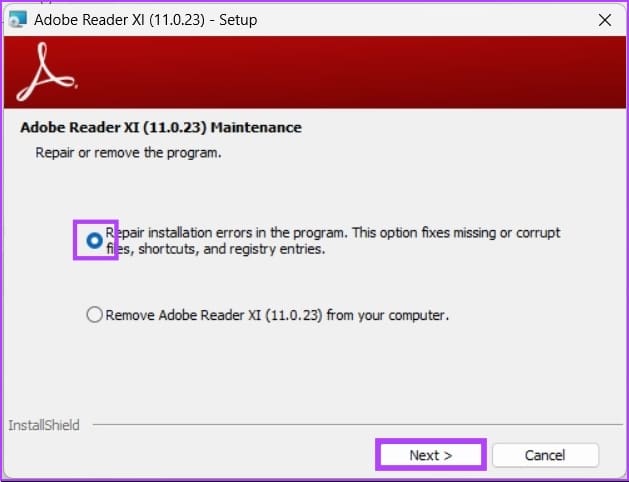 Repair the application