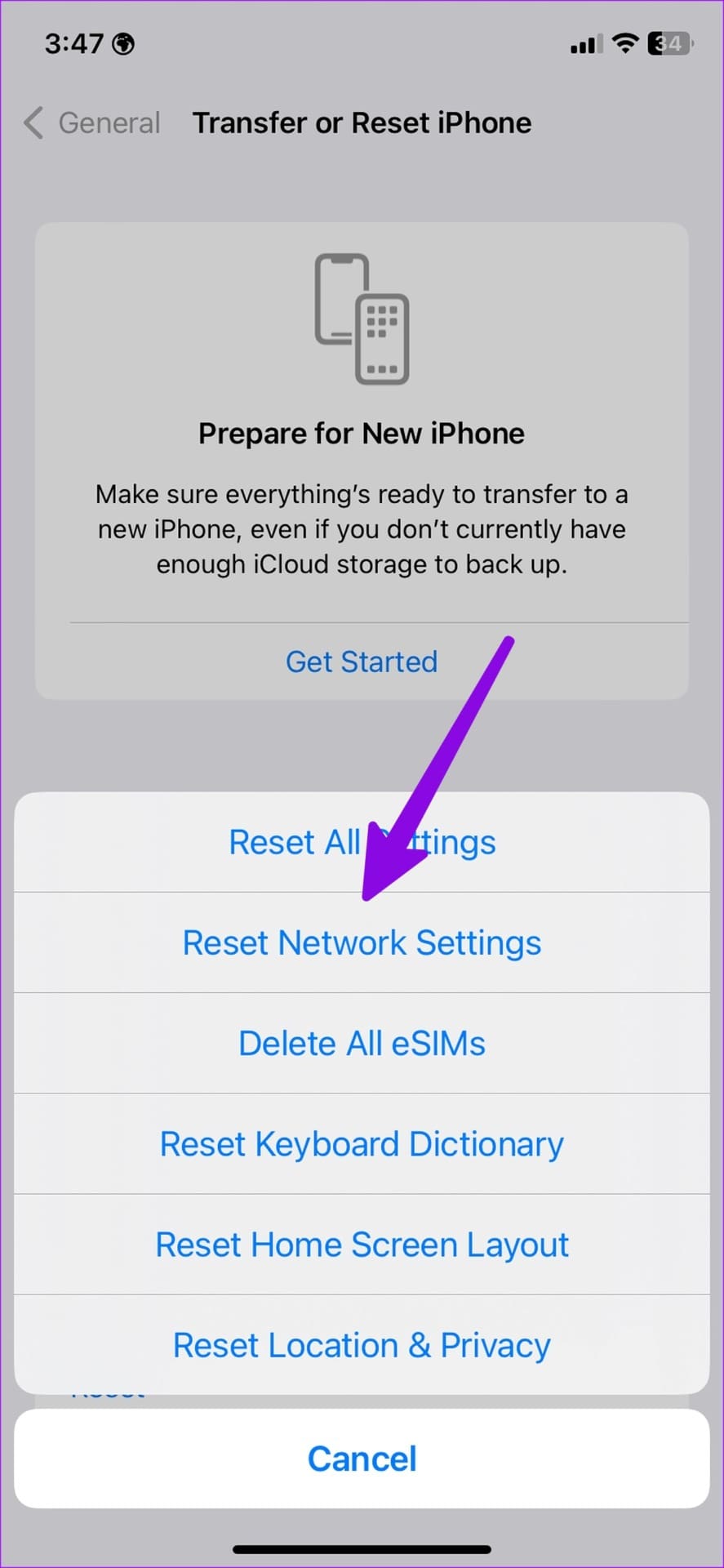 reset network settings on iPhone