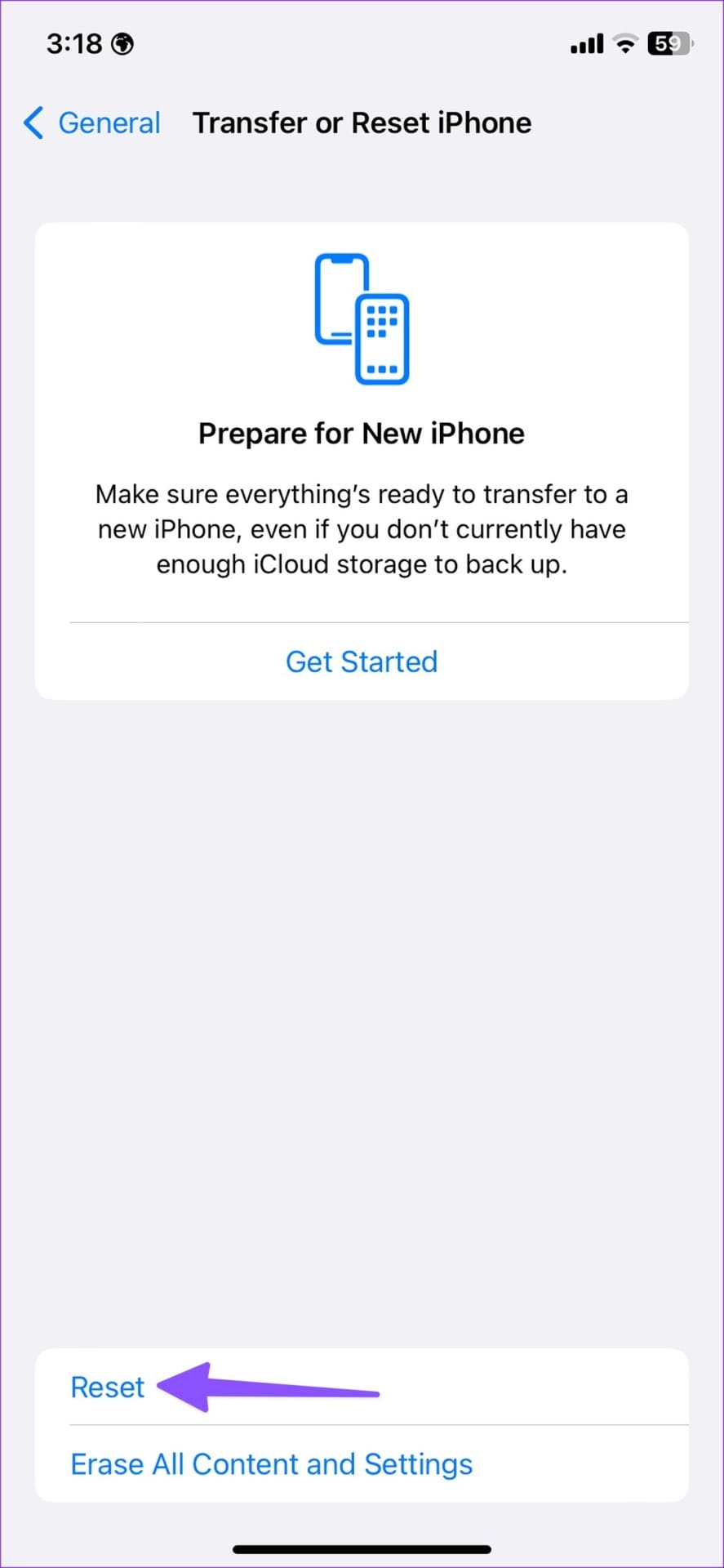 reset on iPhone
