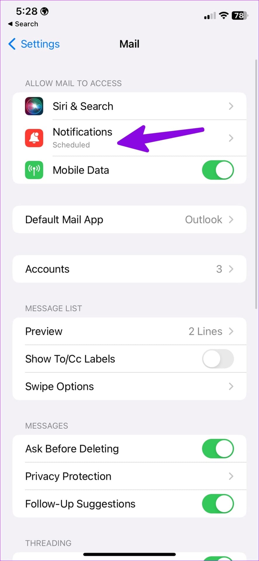 Open mail notifications