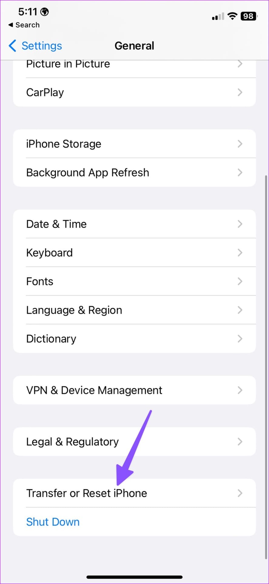reset on iPhone