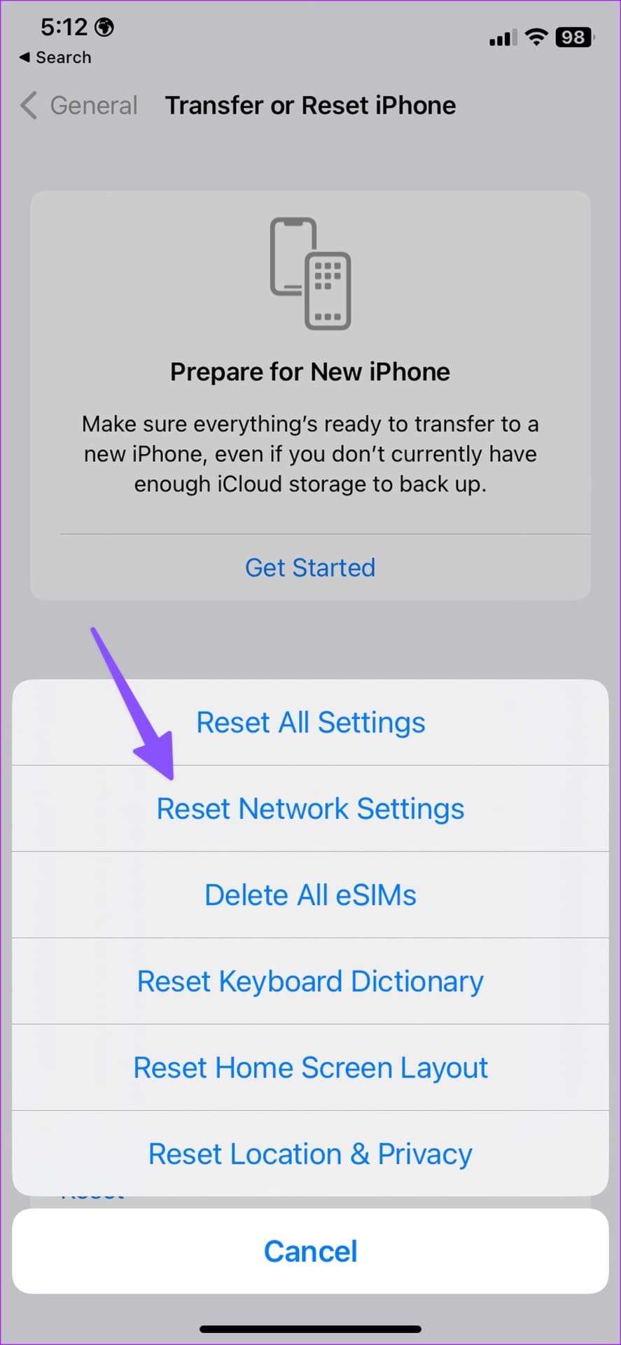reset network settings on iPhone