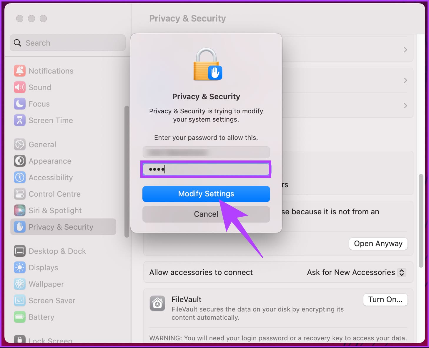 enter your Mac password and click Modify Settings